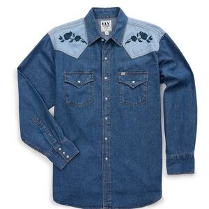Ely Cattleman Indigo Denim Shirt with Floral Detail - Men’s Medium New Blue